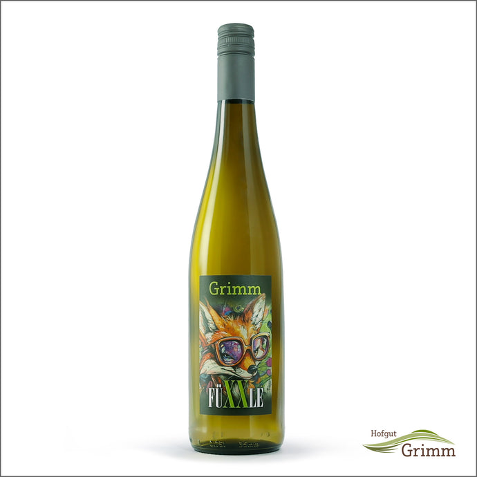 Schlegelflasche Weißwein, mit grauer Kappe und Grimm - FÜXXLE Etikett