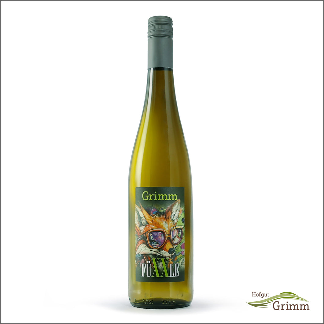 Schlegelflasche Weißwein, mit grauer Kappe und Grimm - FÜXXLE Etikett